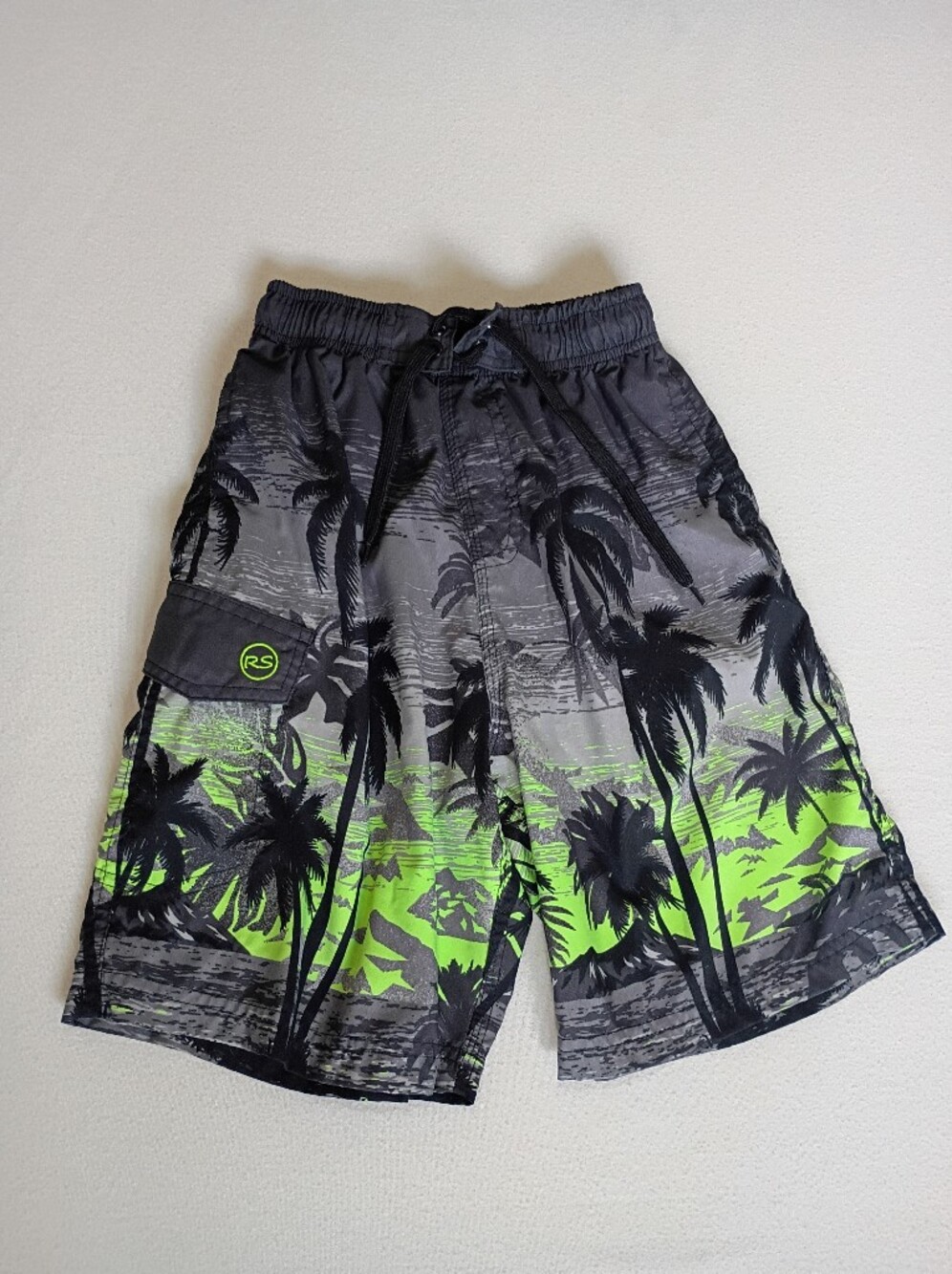 R S Island Inspired Resortwear Boys Black&Neon Green Palm Print Swim Trunks10/12